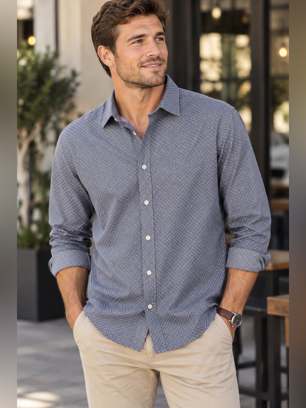 Banana Republic Men's Medium 100% Cotton Chambray Blue Patterned Shirt